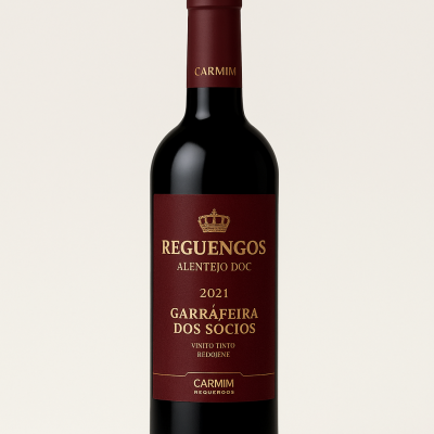 Garrafa de vinho tinto Reguengos 2021 com rótulo bordô e texto dourado