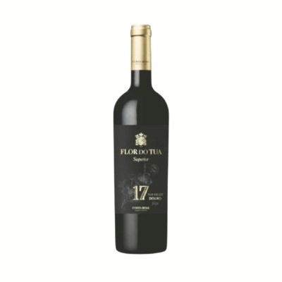 Garrafa de vinho tinto Flor do Tua Superior com rótulo preto e tampa dourada