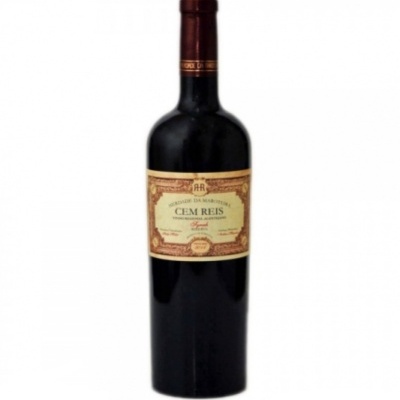 Garrafa de vinho tinto Cem Reis com rótulo creme e castanho