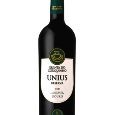 Garrafa de vinho tinto Quinta do Couquinho Unius Reserva 2020 com rótulo branco e tampa verde
