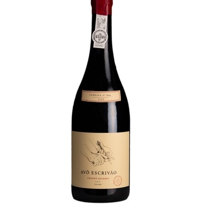 Garrafão de vinho do Porto Avô Escrivão 1980 com rótulo bege e tampa vermelha