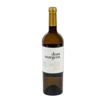 Garrafa de vinho branco duas margens com rótulo branco