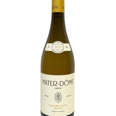 Garrafa de vinho branco Mater-Dôme com rótulo branco e cápsula amarela