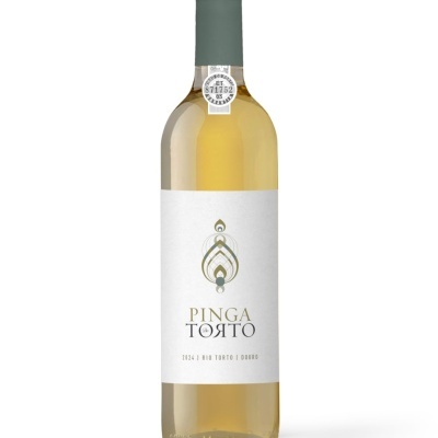 Garrafa de vinho branco Pinga Torto com rótulo branco e tampa cinza