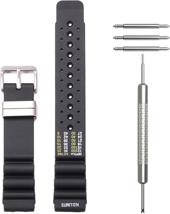 Conjunto de correia de relógio preta com ferramentas e molas no fundo branco