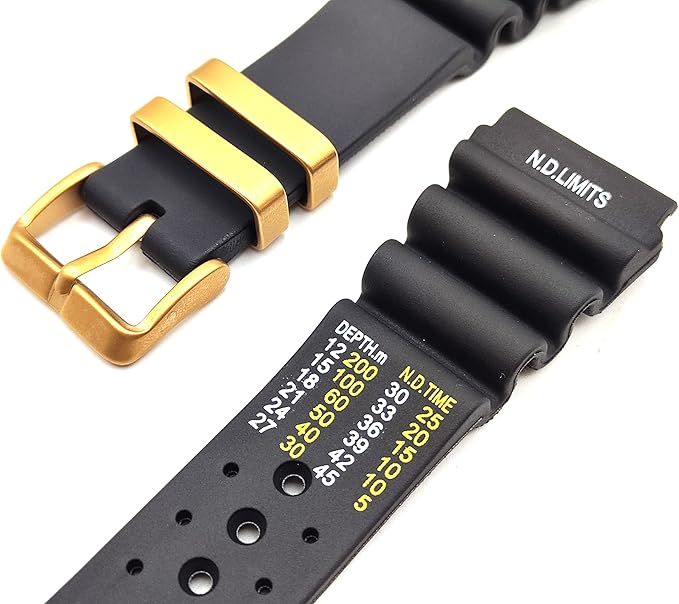 Bracelete de relógio de borracha preta com fivela dourada e marcações em branco e amarelo