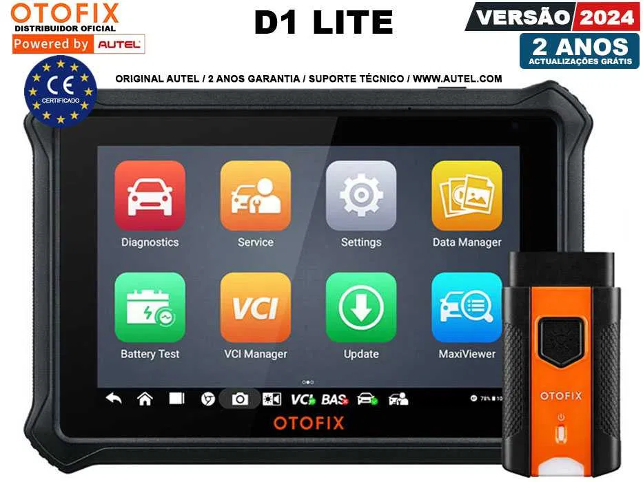 Dispositivo diagnóstico automóvel OTOFIX D1 LITE com ícones coloridos no ecrã e acessório preto e laranja