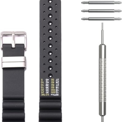 Conjunto de correia de relógio preta com ferramentas e molas no fundo branco