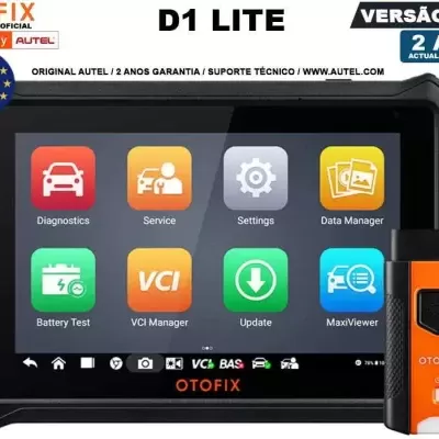 Dispositivo diagnóstico automóvel OTOFIX D1 LITE com ícones coloridos no ecrã e acessório preto e laranja