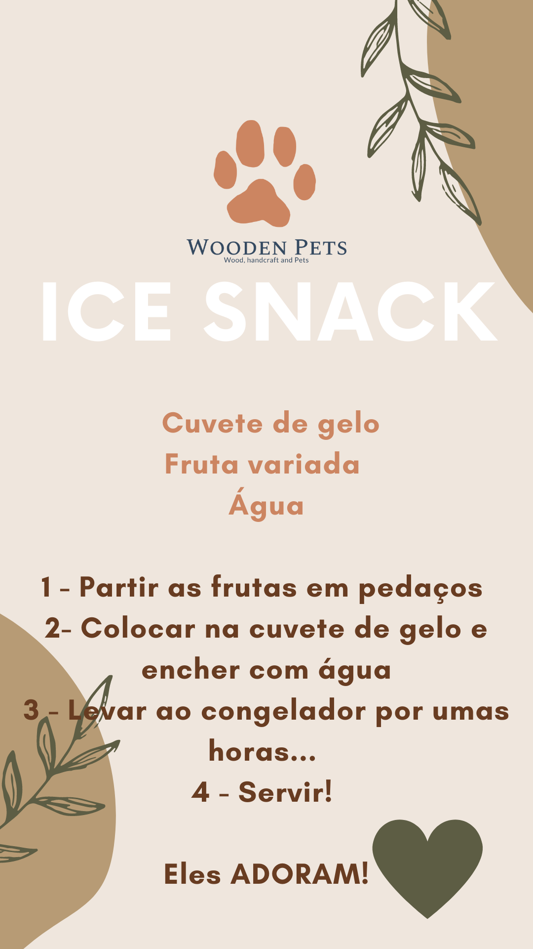 Cartaz informativo da marca WOODEN PETS com instruções para ICE SNACK e elementos gráficos de folhas.