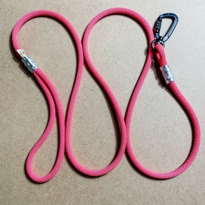 Correia vermelha para cães com mosquetão preto sobre superfície castanha