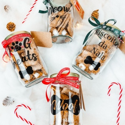 Frascos de vidro com biscoitos para animais e decoração natalícia