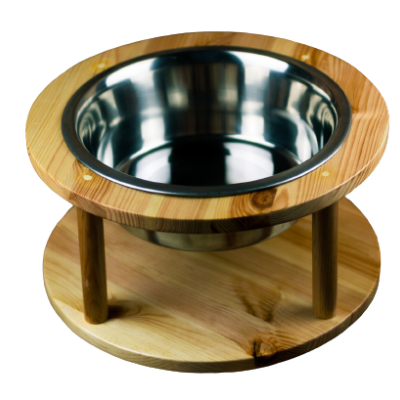 Comedouro ou bebedouro para animais em aço inox com suporte de madeira claro.