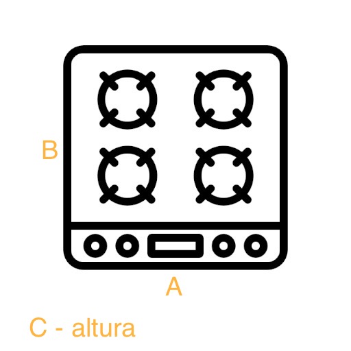Desenho preto e branco de fogão de quatro bocas com letras A, B e C em laranja