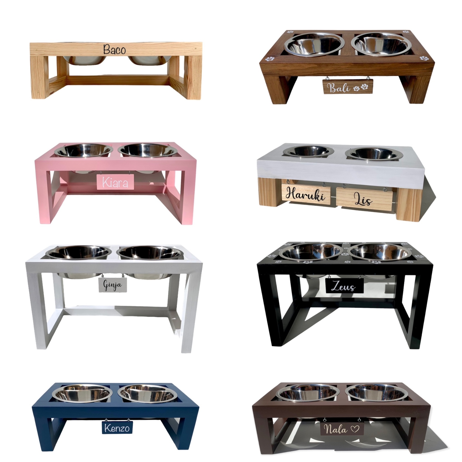 Comedouros duplos elevados em madeira colorida com tigelas metálicas e nomes gravados