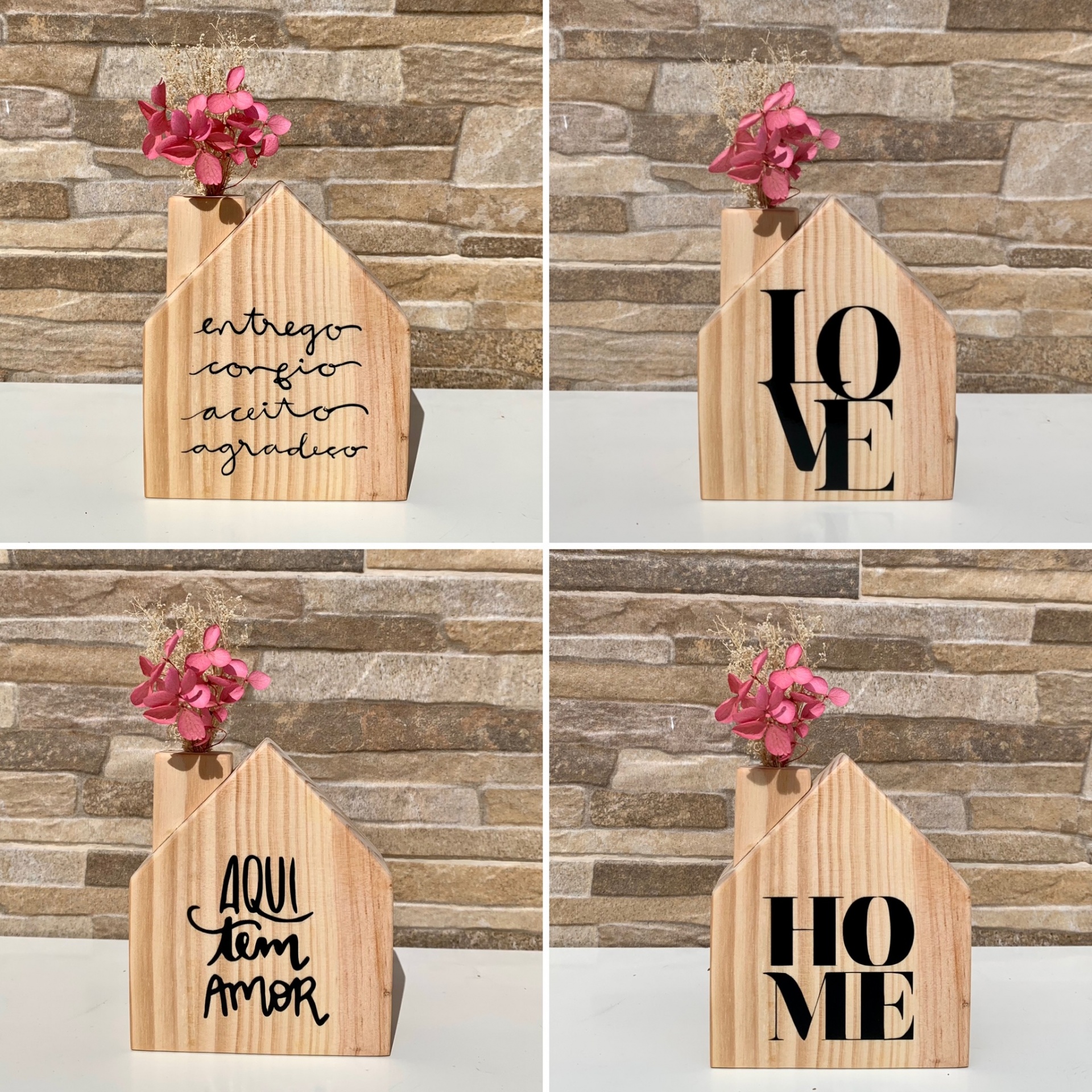 Vasos decorativos em madeira clara com flores rosas e inscrições em preto