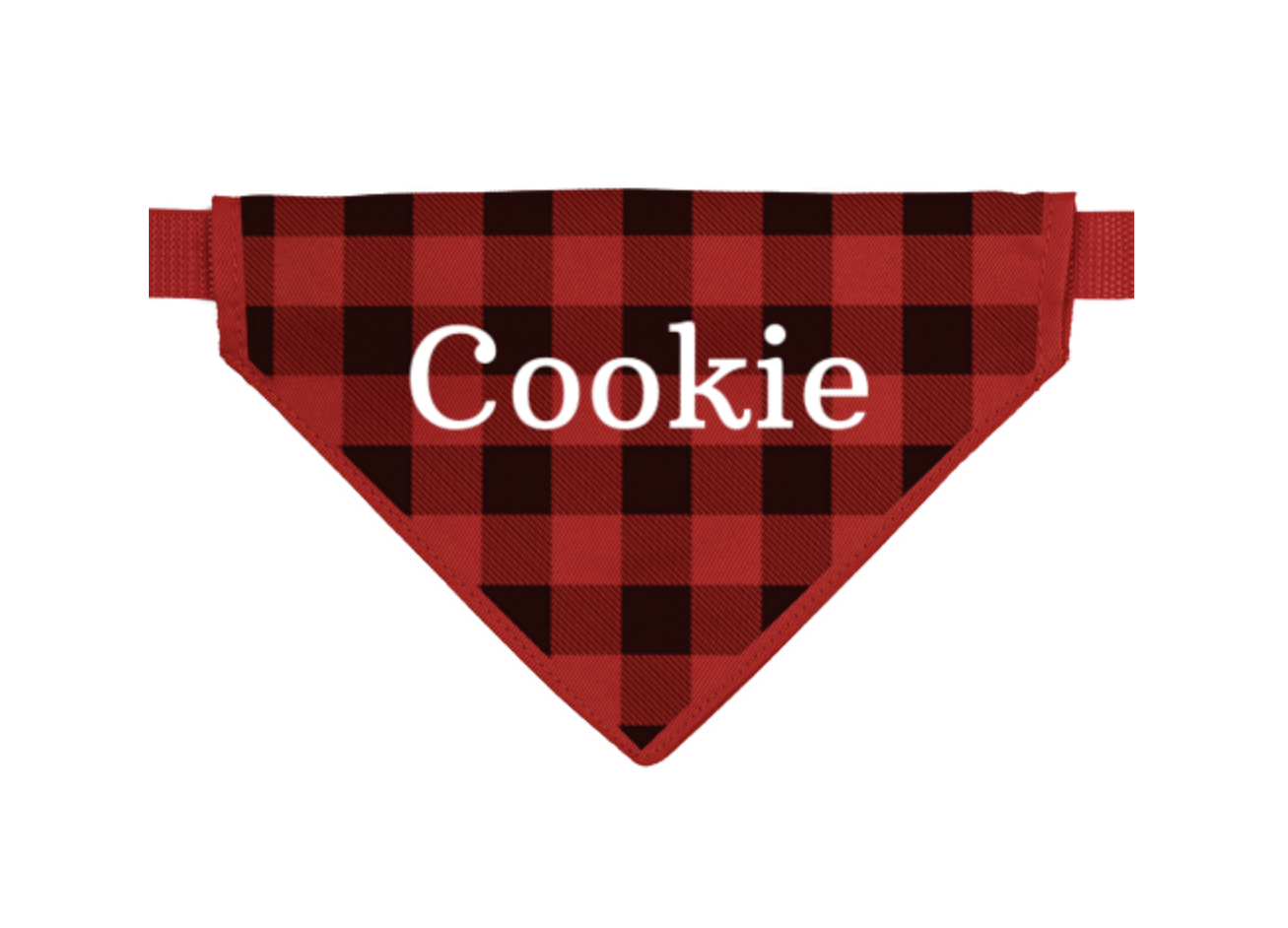 Bandana para animal com padrão xadrez vermelho e preto e texto Cookie