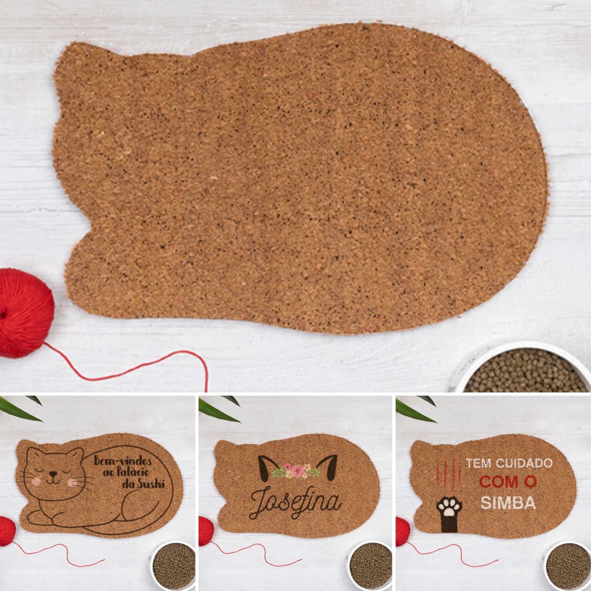 Três tapetes de cortiça com nomes e mensagens para gatos, com novelo vermelho e tigela de ração.