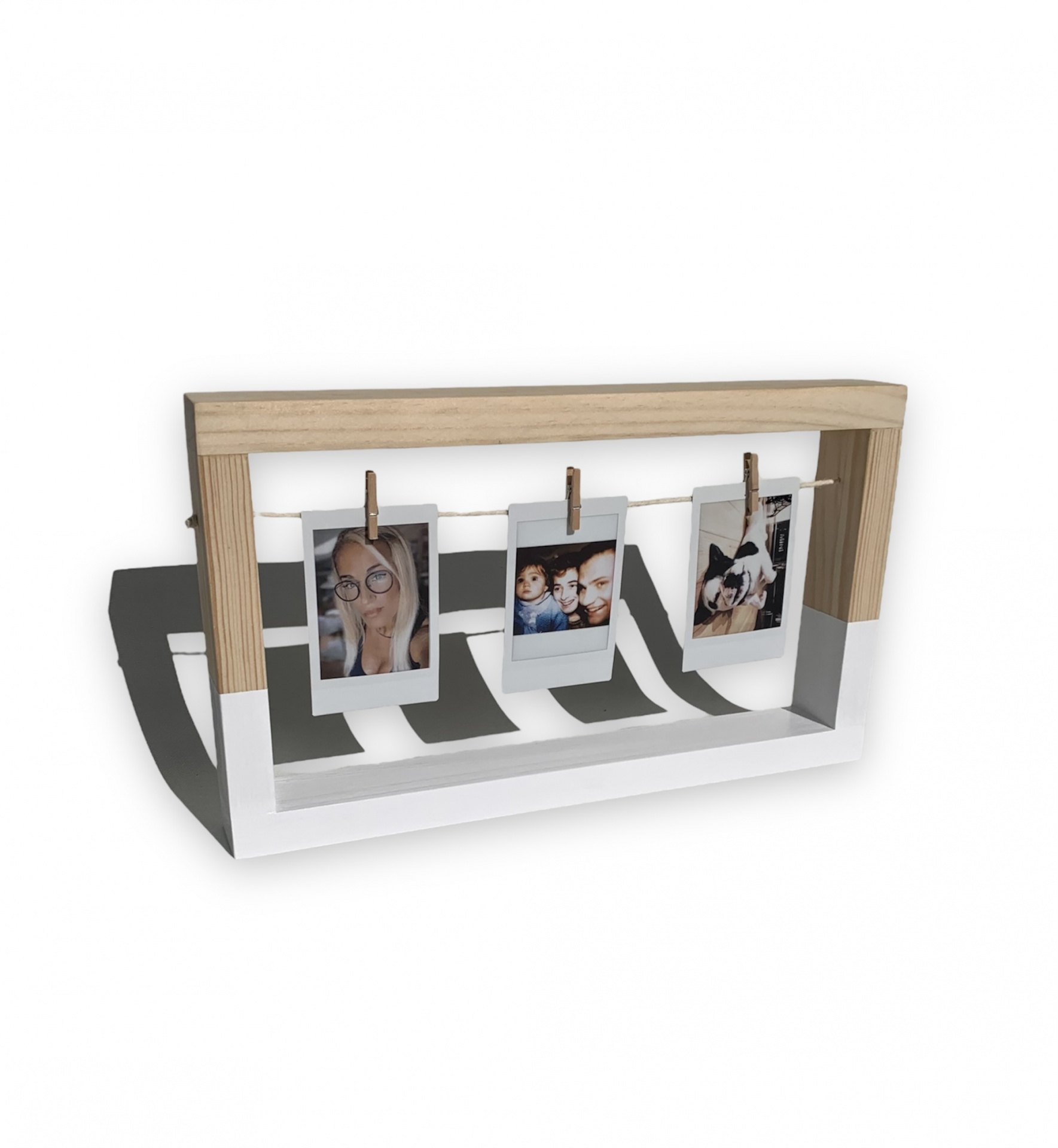 Suporte de fotos em madeira e metal com fotos Polaroid