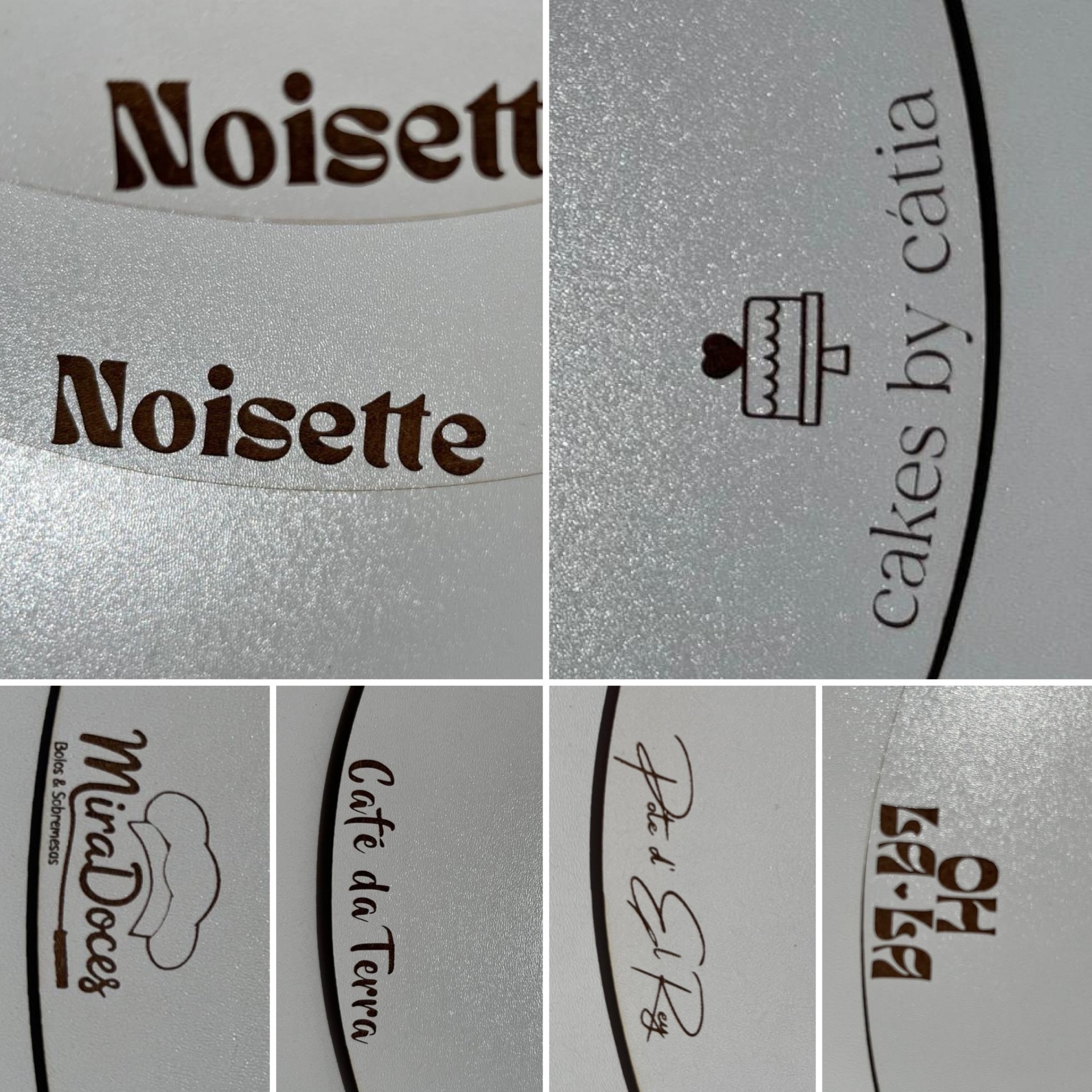 Etiquetas brancas com texto em castanho e preto