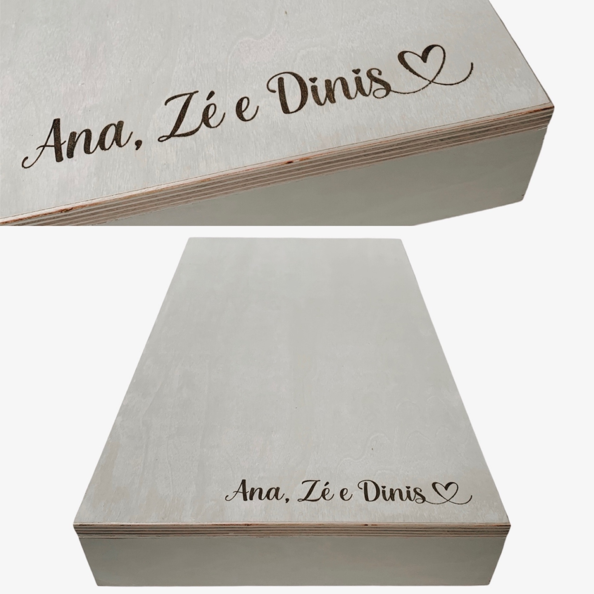 Caixa de madeira clara com texto gravado Ana, Zé e Dinis e coração