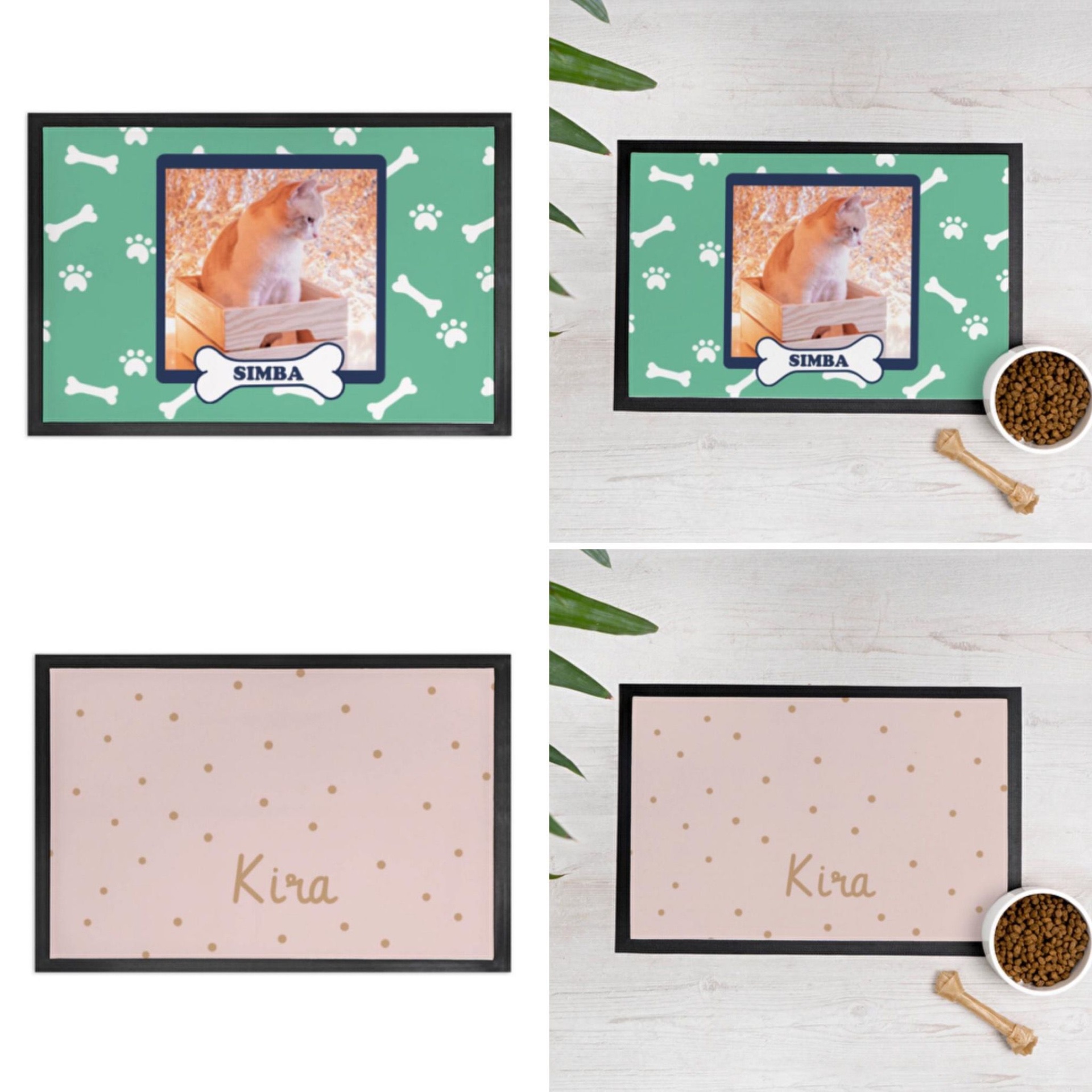 dois tapetes para pets com padrões e nomes, tigela de ração e brinquedo em fundo branco