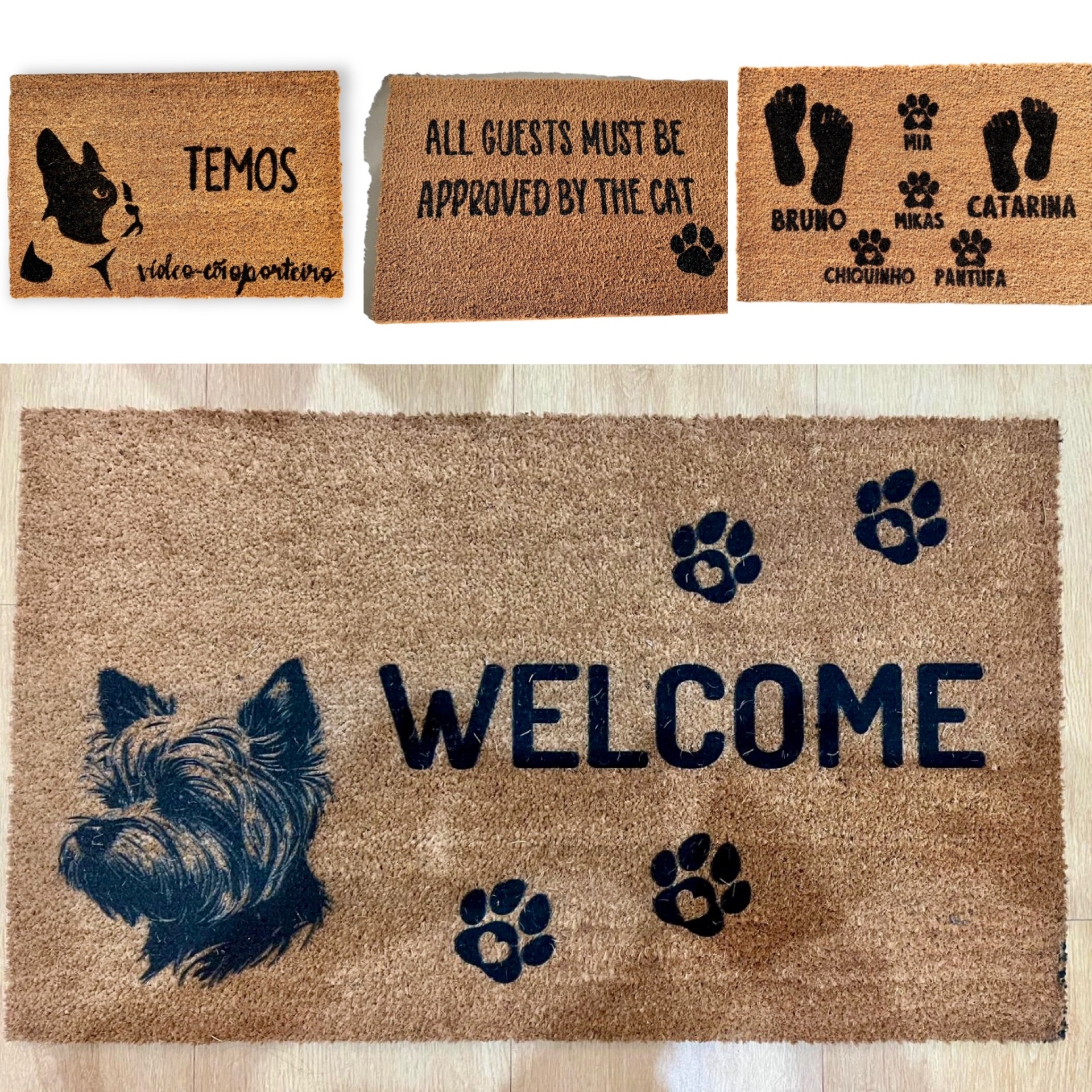 Tapetes de entrada com desenhos e textos relacionados a animais.