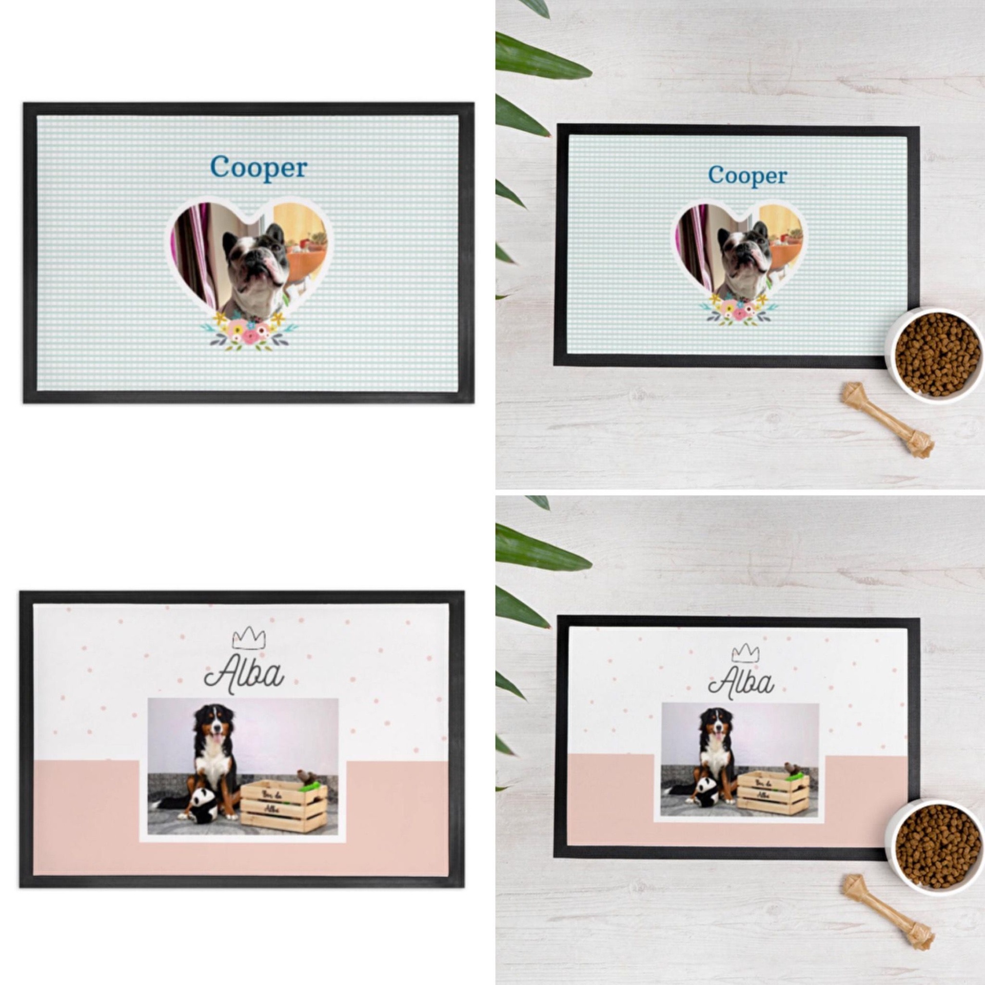 Quatro tapetes para animais de estimação com fotos e nomes 'Cooper' e 'Alba' em fundo claro e molduras negras