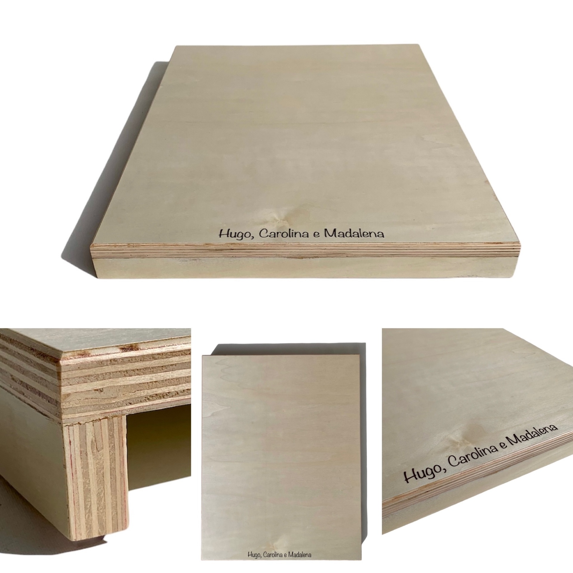 Base quadrada de madeira clara com gravação 'Hugo, Carolina e Madalena'
