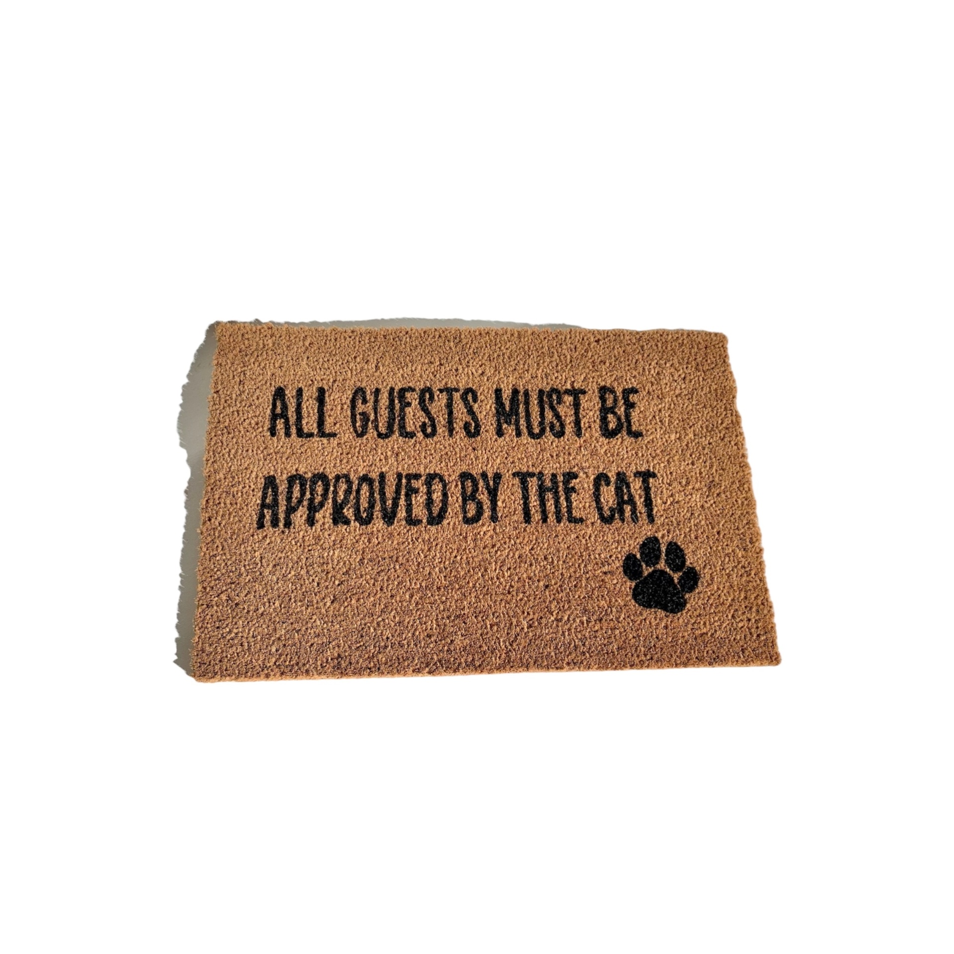 Tapete de entrada em fibra de coco com texto divertido e pata de gato preta