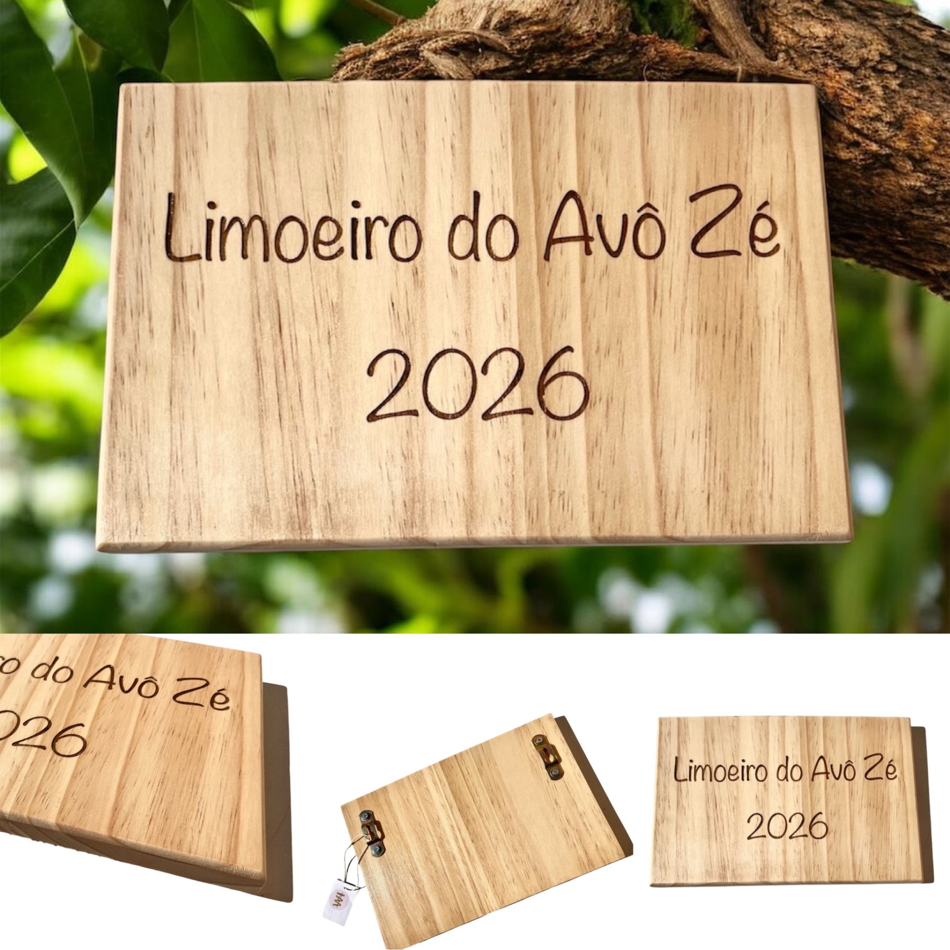 Placa de madeira clara gravada com texto Limoeiro do Avô Zé 2026