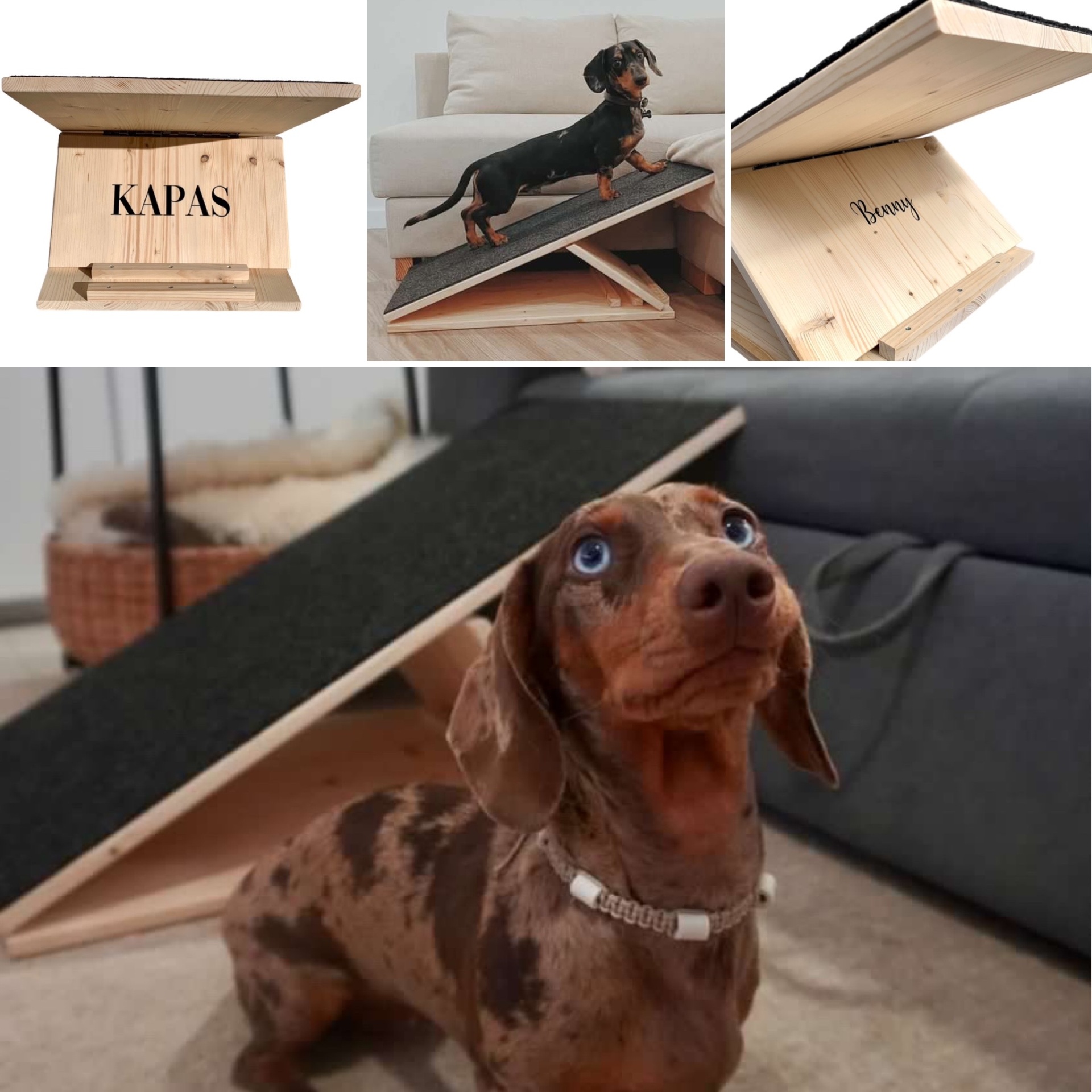 Rampa para cães em madeira clara com superfície preta antiderrapante e texto 