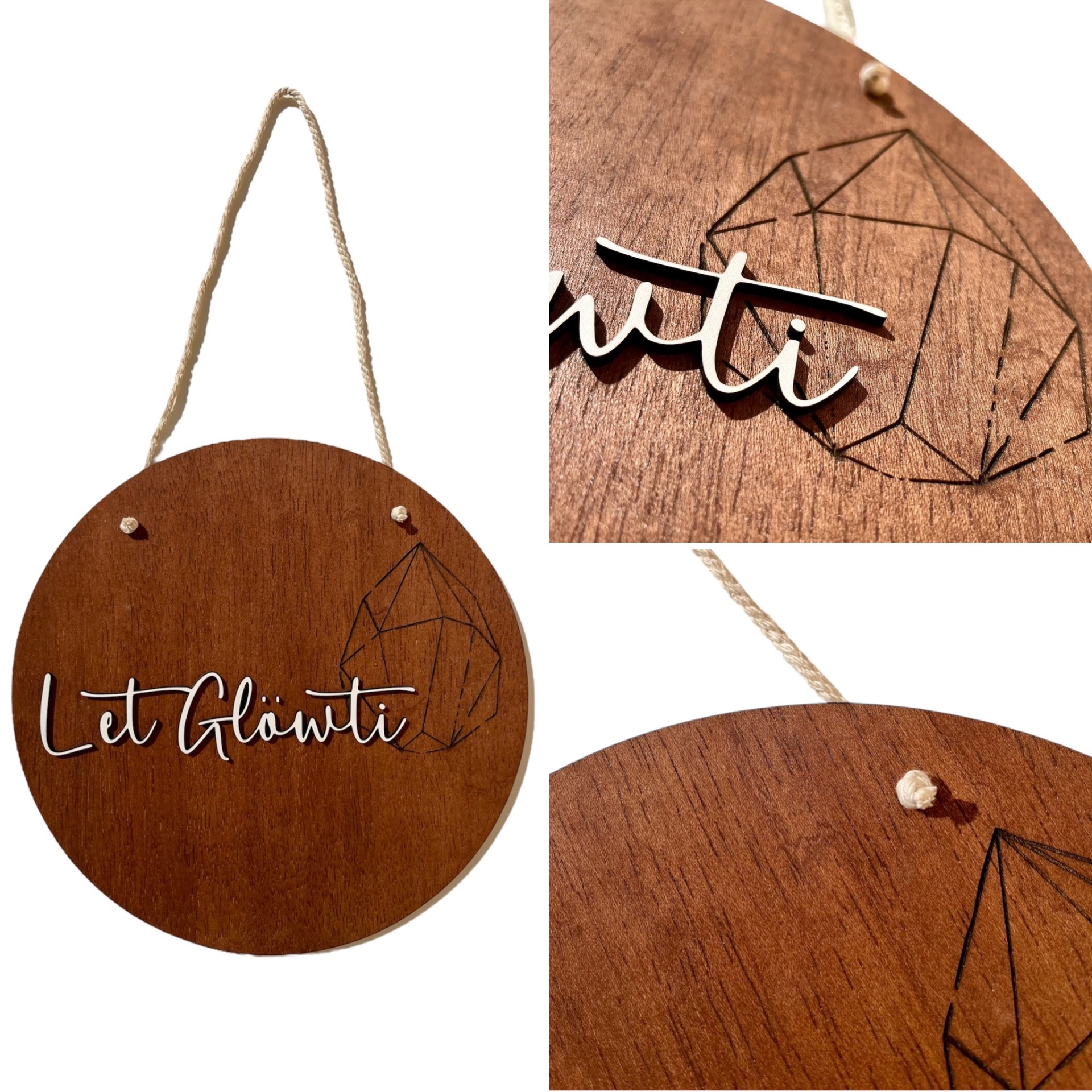 Placa redonda de madeira com texto Let Glowti e desenho de diamante