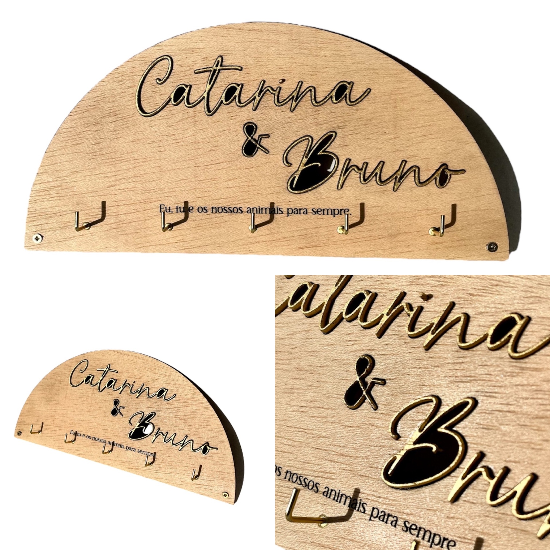 Pendura chaves de madeira semicircular com ganchos e texto Catarina & Bruno em preto