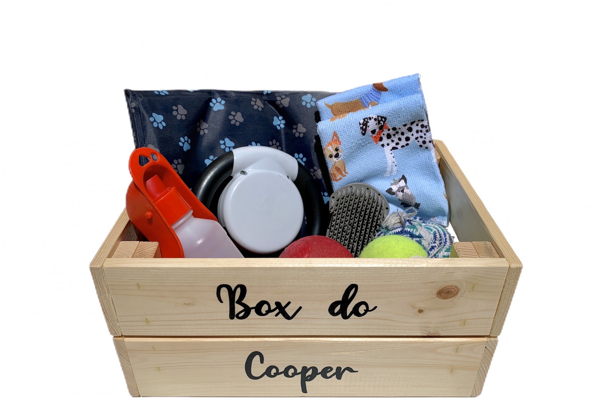 Caixa de madeira 'Box do Cooper' com acessórios para cães incluindo bolas, frisbee, escova e panos