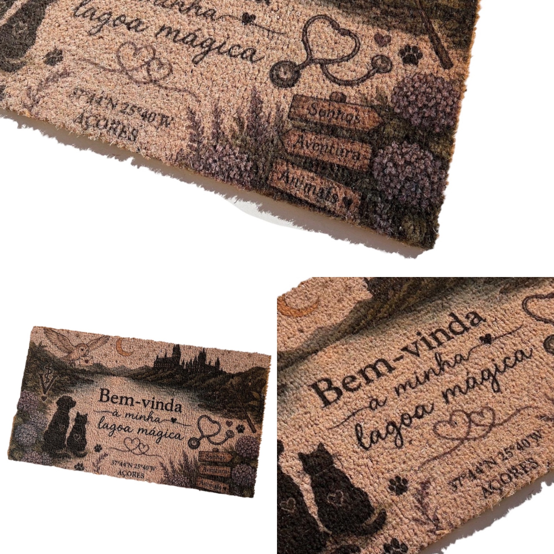Tapete de porta com desenhos e texto em português, castanho claro com detalhes em preto e castanho escuro.