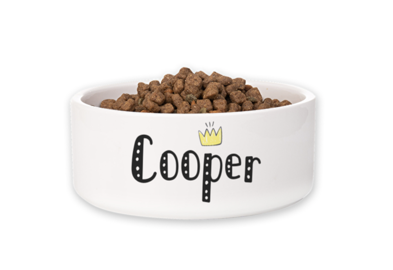 Taça branca para animais com o nome 'Cooper' e comida