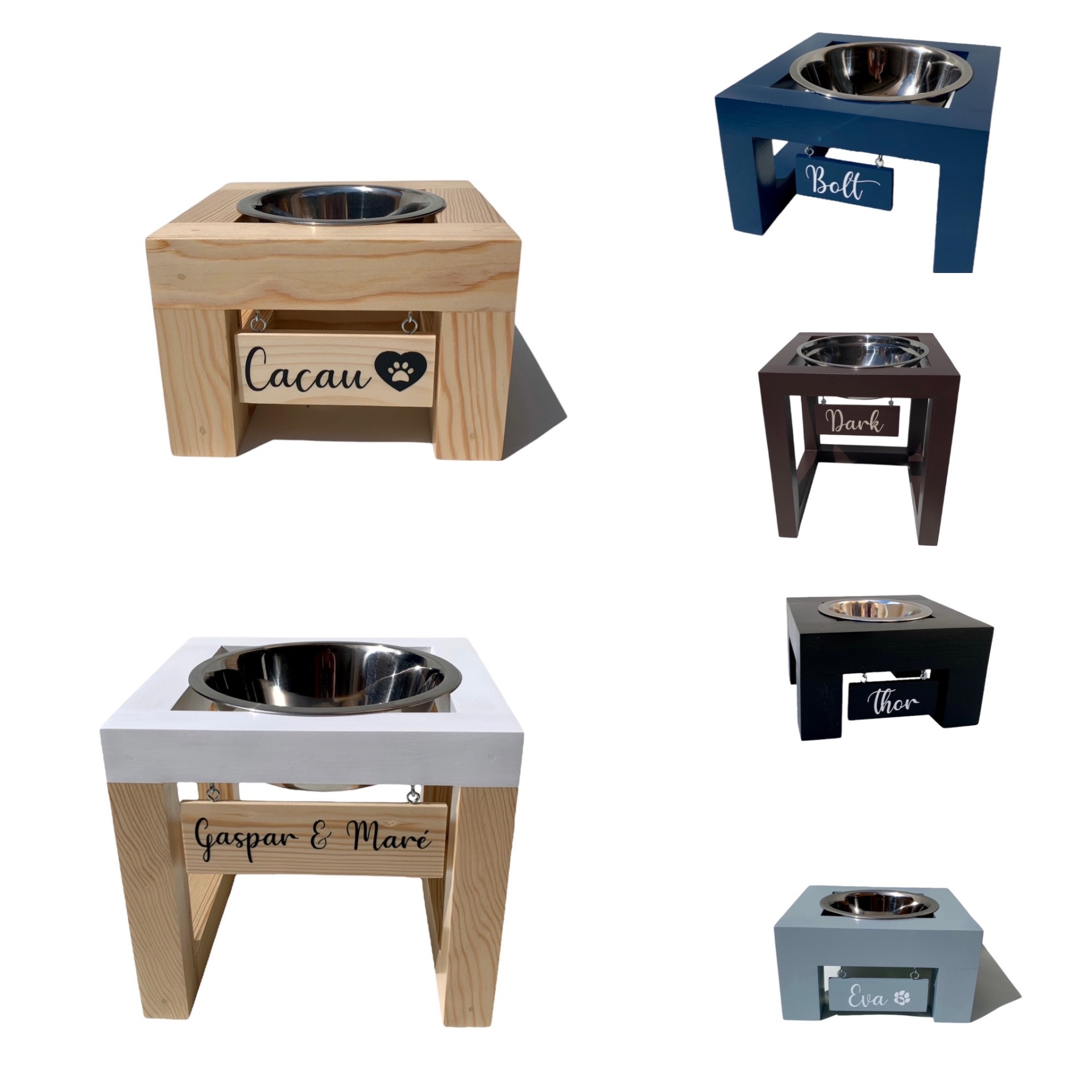 Cinco comedouros elevados para animais com copos metálicos e placas personalizadas em diferentes cores