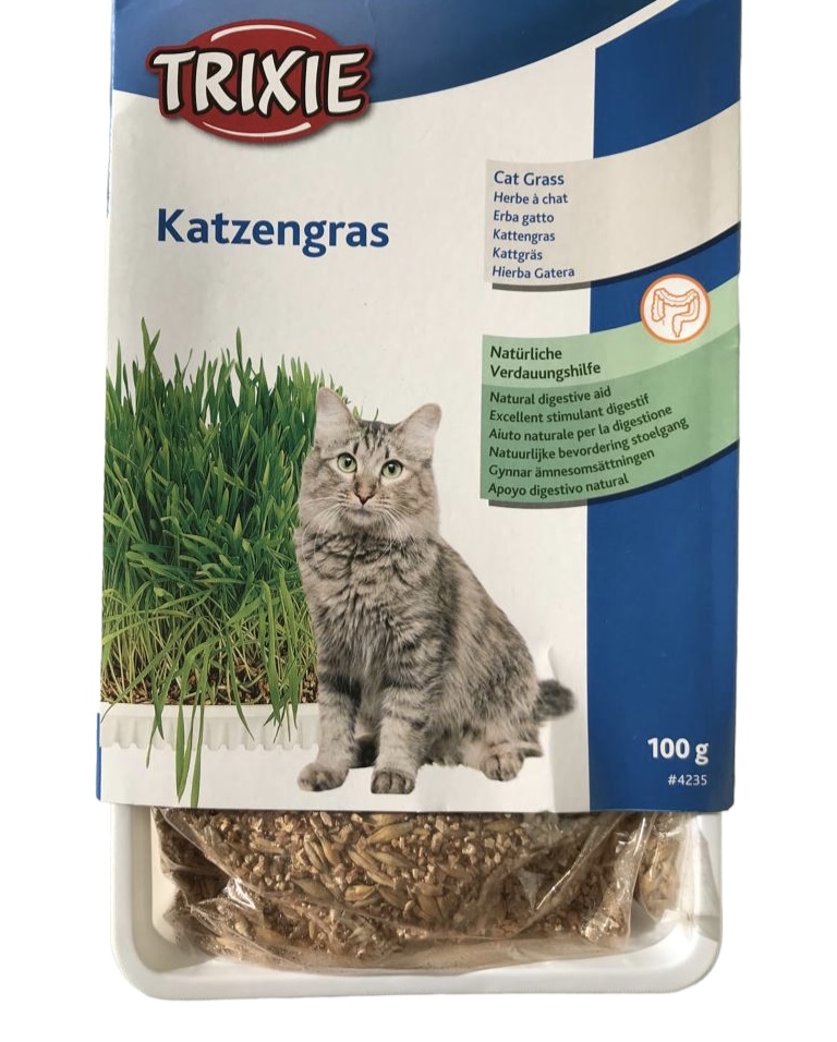 Embalagem TRIXIE Katzengras para gatos com imagem de gato e relva