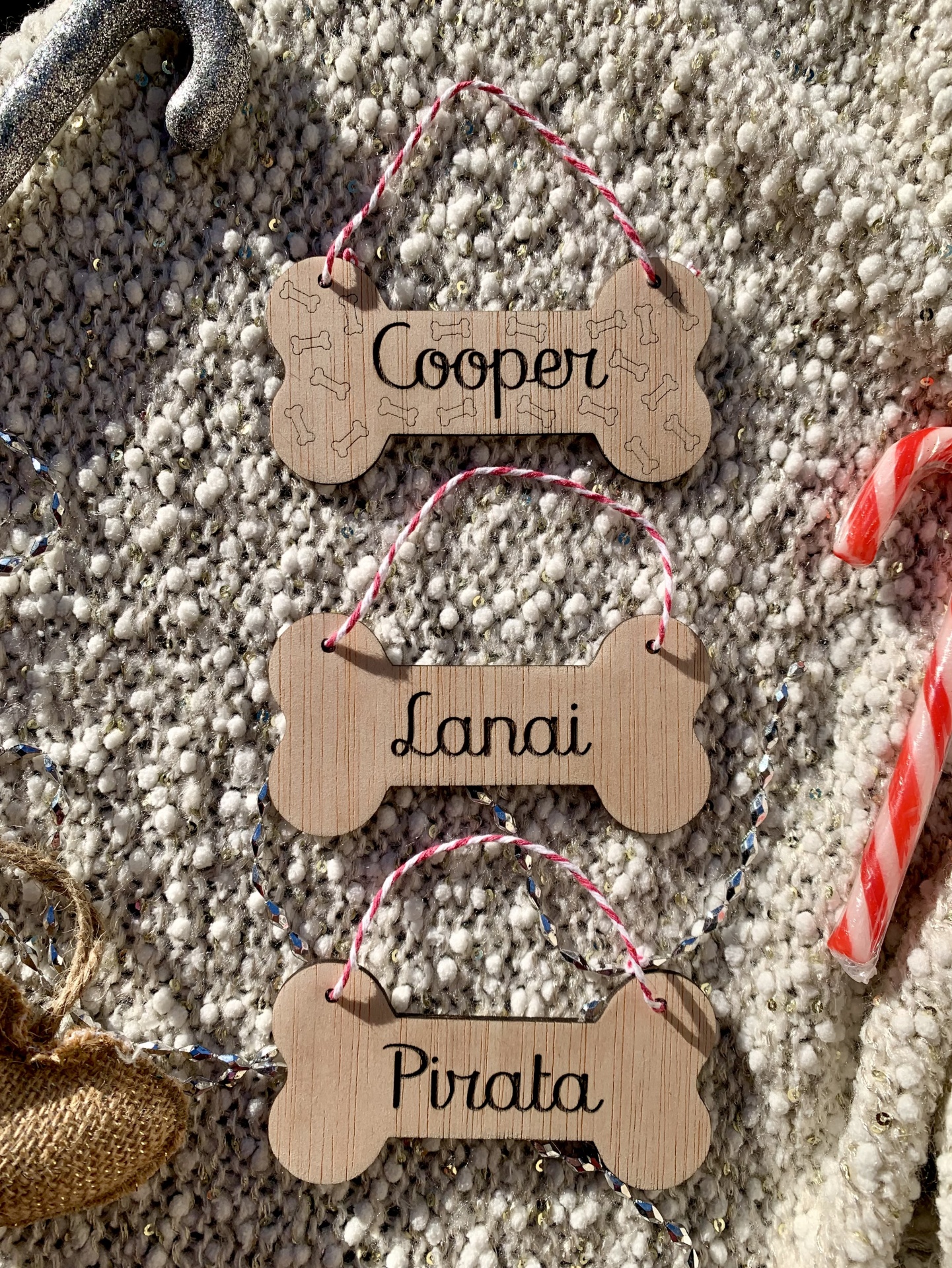 Etiquetas de madeira em forma de osso com nomes Cooper, Lanai e Pirata penduradas em tapete bege com bastão de doces lombado.