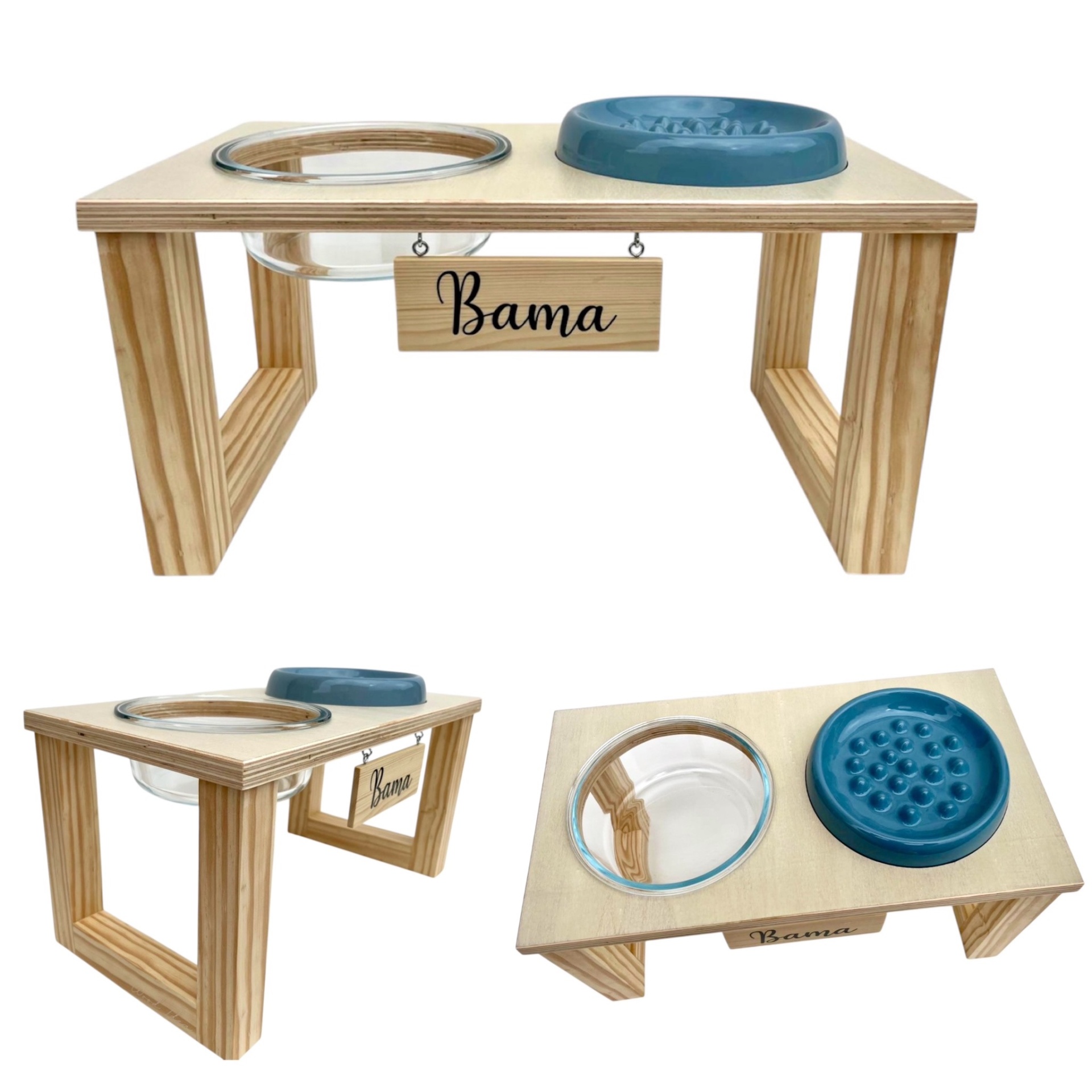 Comedouro de madeira elevado com duas tigelas, vidro e azul, placa 'Bama'