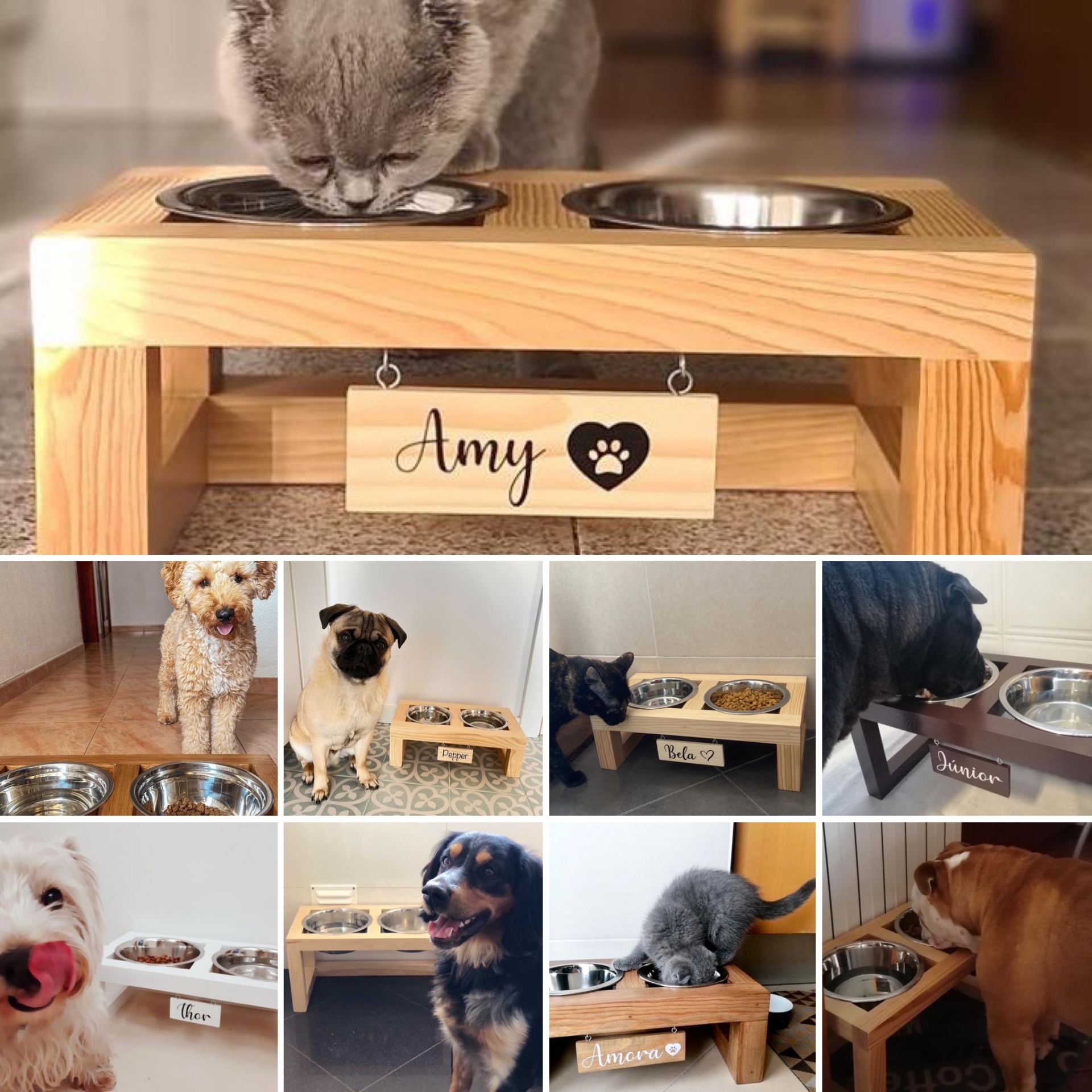 Taças duplas de animais com suportes de madeira personalizada e placas com nomes em diferentes estilos.