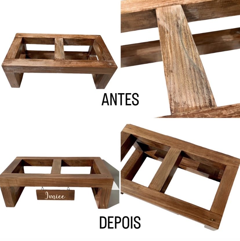 Estrutura de madeira com duas divisórias e etiquetas 'ANTES' e 'DEPOIS'