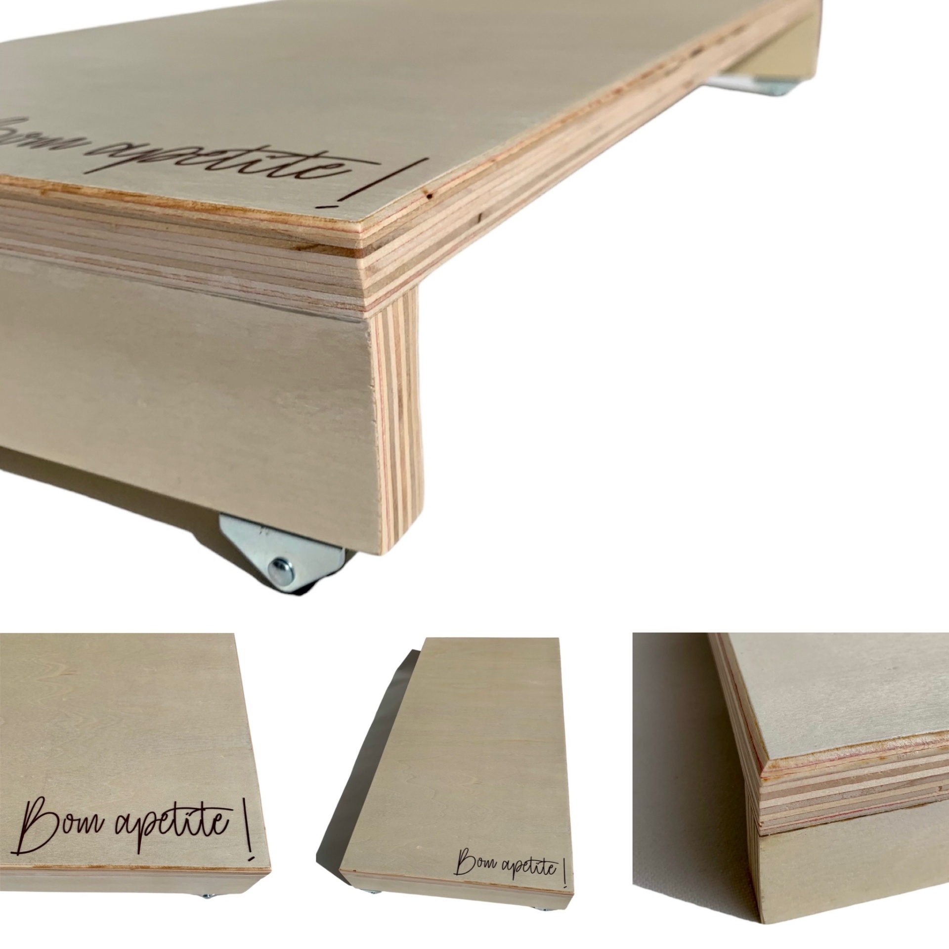 Plataforma de madeira com rodas e texto Bom apetite