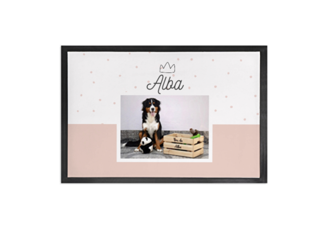Moldura preta com foto de cães e texto Alba com coroa num fundo branco e rosa claro.