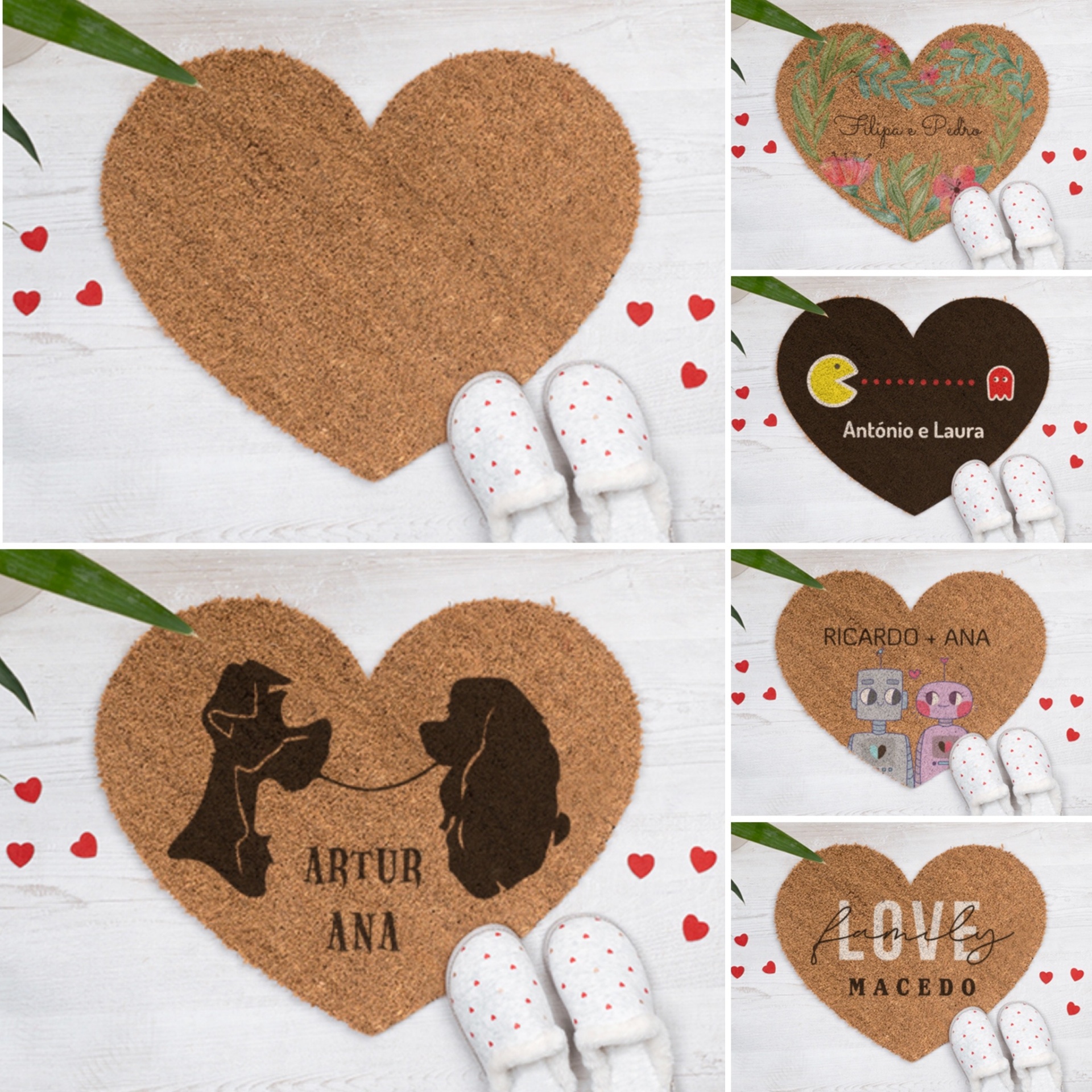Tapetes de entrada em formato de coração com diferentes textos e padrões, sobre chão branco com corações vermelhos