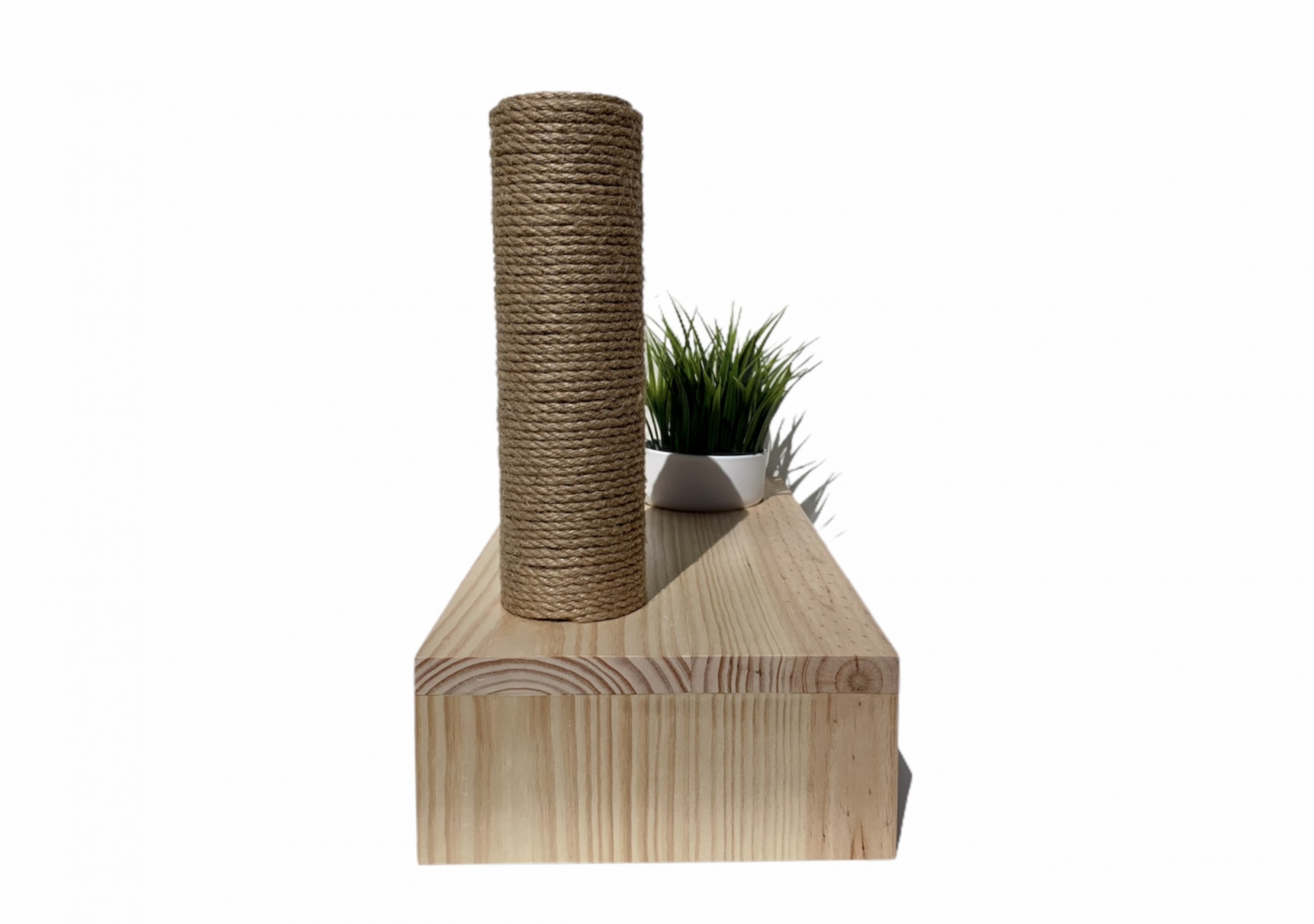 Arranhador para gatos em madeira clara com poste de corda e planta decorativa