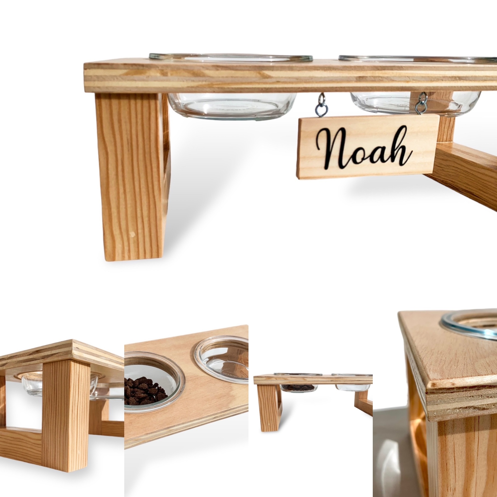 Suporte de madeira para tigelas de vidro com nome Noah