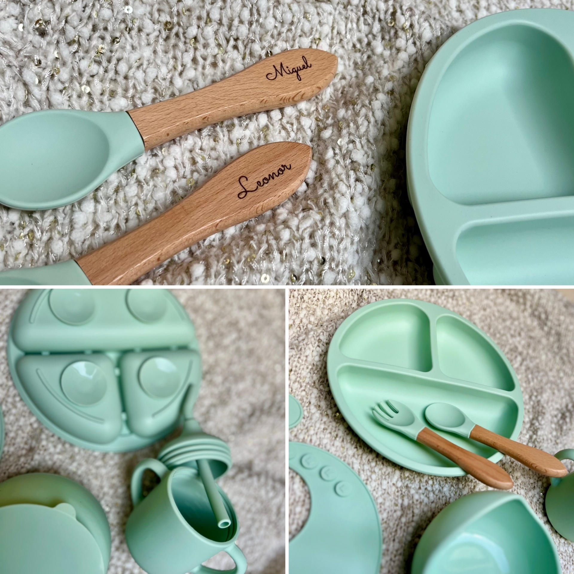 Conjunto de acessórios infantis em silicone verde menta e madeira com nomes gravados, sobre tecido claro.