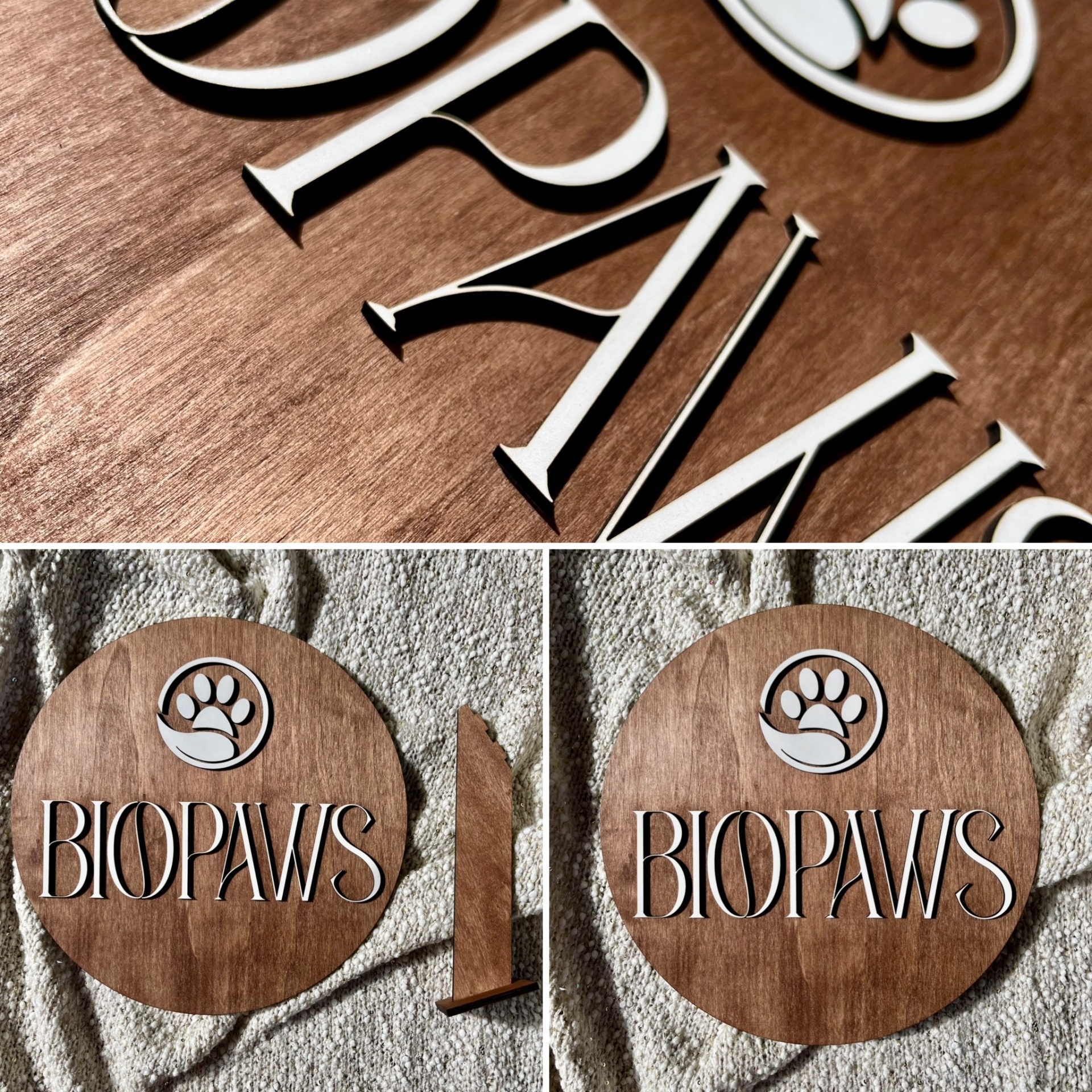 Logótipo BIOPAWS em madeira clara com letras brancas e símbolo de pata